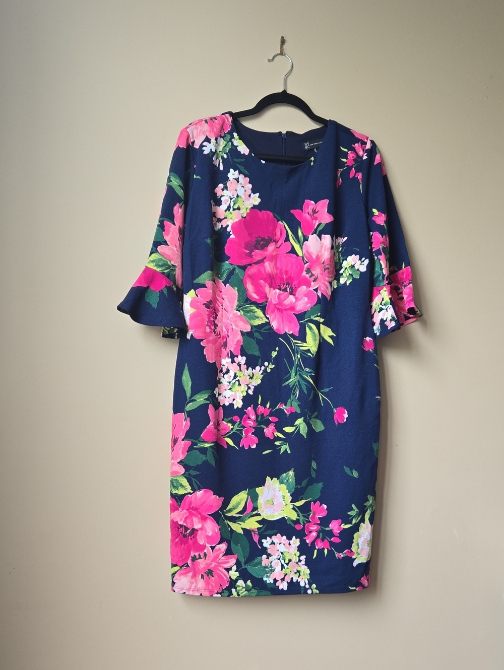 New York & Company Navy Midi Dress with Pink Floral Print